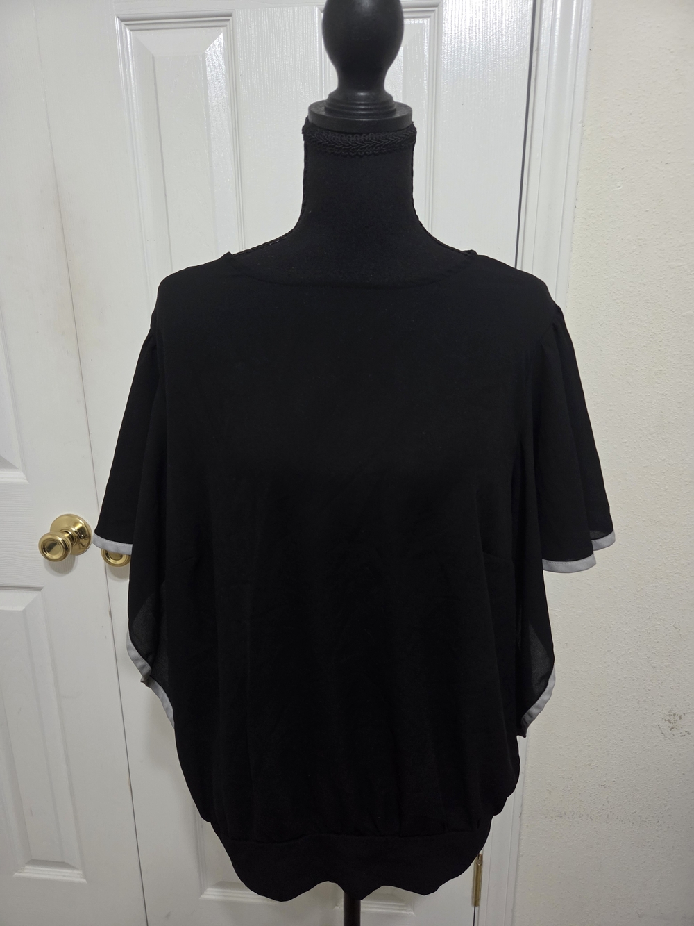 New York & Company Black Flutter Sleeve Blouse with Contrast Trim